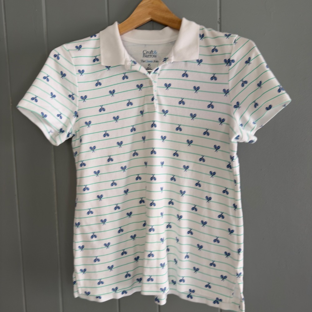 Croft & Barrow Tennis Racket Print‎ Polo Shirt PS Green Stripe Preppy Y2K Sport